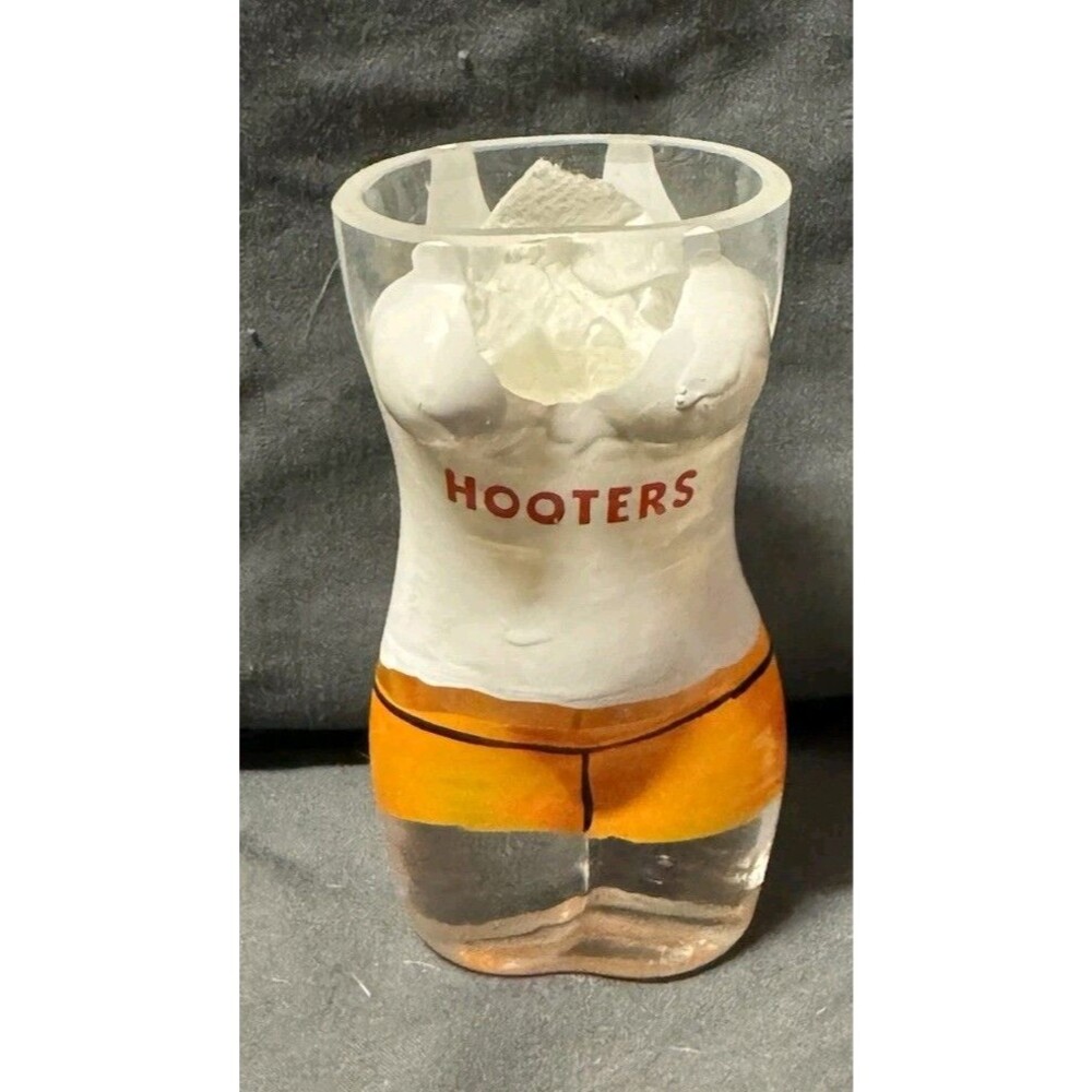 Vintage Hooters Girl Body Figural Shot Glass Barware Souvenir Orange Shorts